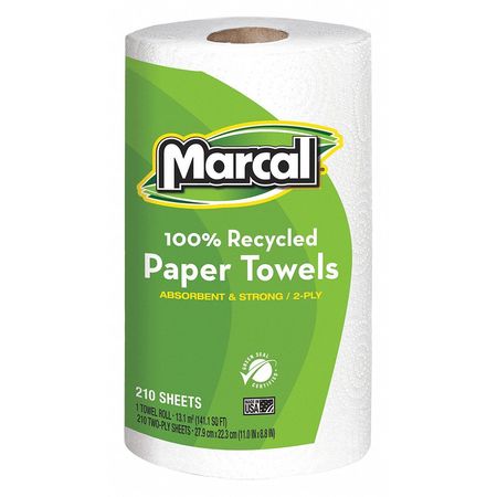 MARCAL Perforated Roll Paper Towels, 2 Ply, 210 Sheets, 158 ft, White, 12 PK 6210