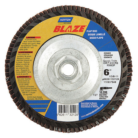 Norton Abrasives Flap Disc, Medium, 60 Grit, 6" dia. 66261132129