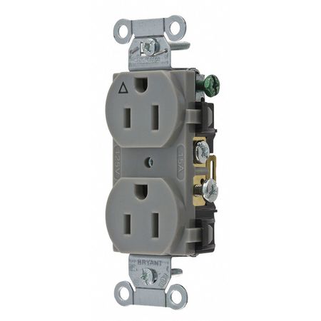 ZORO SELECT Receptacle, 15 A Amps, 125V AC, Flush Mount, Standard Duplex Outlet, 5-15R, Gray CR15IGRY