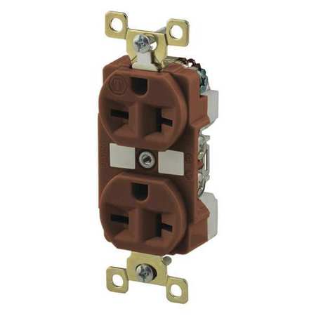 ZORO SELECT Receptacle, 20 A Amps, 250V AC, Flush Mount, Standard Duplex Outlet, 6-20R, Brown BRY5462