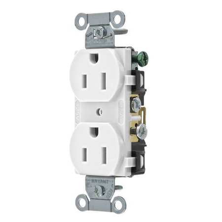 ZORO SELECT Receptacle, 15 A Amps, 125V AC, Flush Mount, Standard Duplex Outlet, 5-15R, White BRYCBR15W
