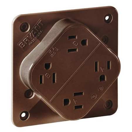 ZORO SELECT Receptacle, 15 A Amps, 125V AC, Flush Mount, Quad Outlet, 5-15R, Brown 1254B