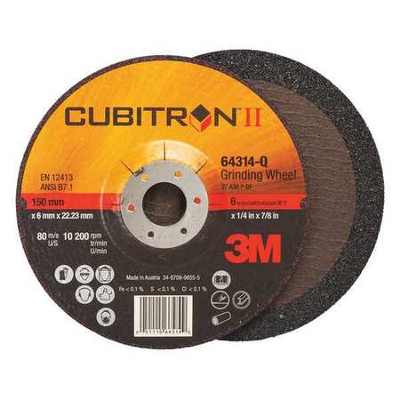 3M Cubitron Depressed Center Wheels, Type 27, 6 in Dia, 0.25 in Thick, 7/8 in Arbor Hole Size, Ceramic 64314