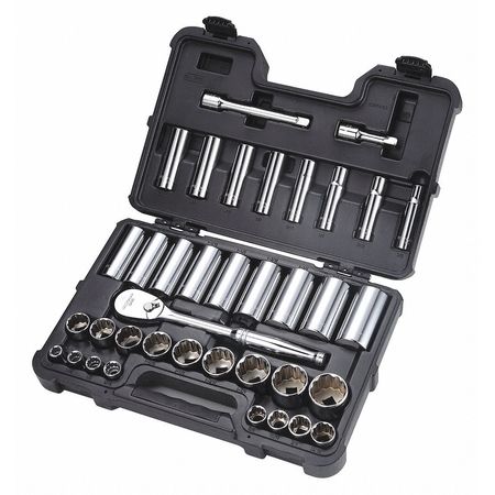 Westward 1/2" Drive Socket Set SAE 37 Pieces 3/8 in to 1 3/8 in , Chrome 53PN53
