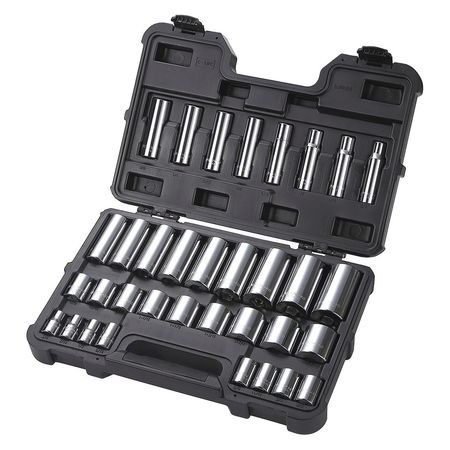 Westward 1/2" Drive Socket Set SAE 34 Pieces 3/8 in to 1 3/8 in , Chrome 53PN56