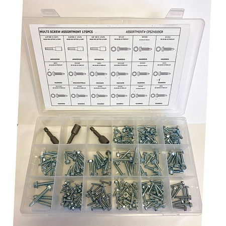 Zoro Select Tapping Screw Assortment, Steel, Zinc Plated Finish CPS2NE69GR