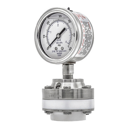 PIC GAUGES Pressure Gauge, 0 to 60 psi, 1/4 in FNPT, Silver 301L254D/1JTT100