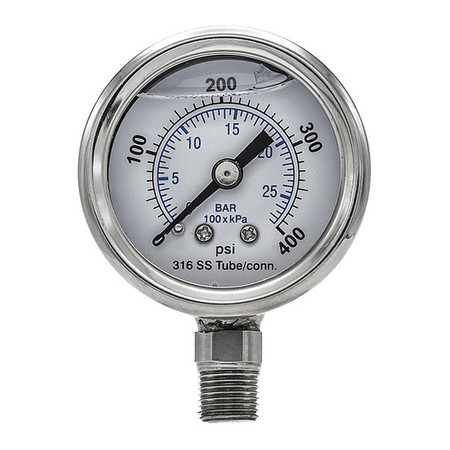 PIC GAUGES Pressure Gauge, 0 to 400 psi, 1/8 in MNPT, Silver PRO-301L-158I-01