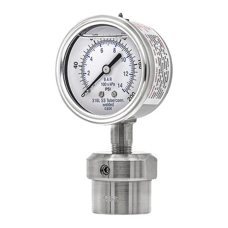 PIC GAUGES Pressure Gauge, 0 to 200 psi, 1/2 in FNPT, Silver 301L254G/0JJJ200