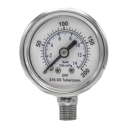 PIC GAUGES Pressure Gauge, 0 to 200 psi, 1/8 in MNPT, Silver PRO-301D-158G-01