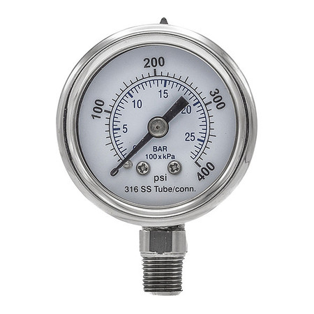 PIC GAUGES Pressure Gauge, 0 to 400 psi, 1/8 in MNPT, Silver PRO-301D-158I-01