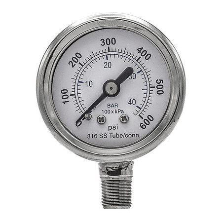 Pic Gauges Pressure Gauge, 0 to 600 psi, 1/8 in MNPT, Silver PRO-301D-158K-01