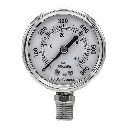 PIC GAUGES Pressure Gauge, 0 to 600 psi, 1/4 in MNPT, Silver PRO-301D-204K-01