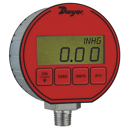 Dwyer Instruments Digital Compound Gauge, -30 to 0 to 15 in Hg/psi, 1/4 in MNPT, Red DPG-020