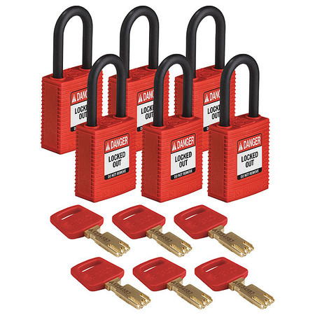 Brady Lockout Padlock, Nylon, Red, 6 Keys, PK6 NYL-RED-38PL-KA6PK