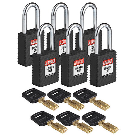 BRADY Lockout Padlock, Nylon, Blk, 1-13/16" H, PK6 NYL-BLK-38ST-KD6PK