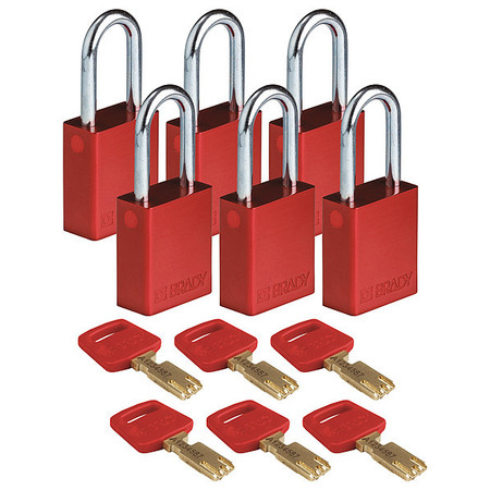 BRADY Lockout Padlock, Al, Red, Key Different, PK6 ALU-RED-38ST-KD6PK