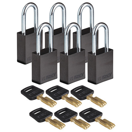 BRADY Lockout Padlock, Al, Blk, Key Different, PK6 ALU-BLK-38ST-KD6PK