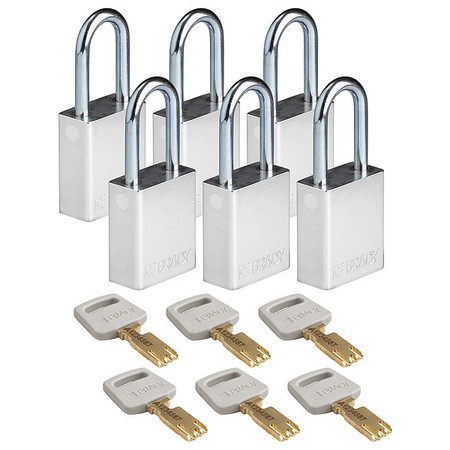 Brady Lockout Padlock, Al, Silver, Key Alike, PK6 ALU-SLV-38ST-KA6PK