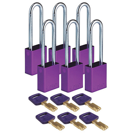 BRADY Lockout Padlock, Purple, 1-1/2" W Body, PK6 ALU-PRP-76ST-KA6PK