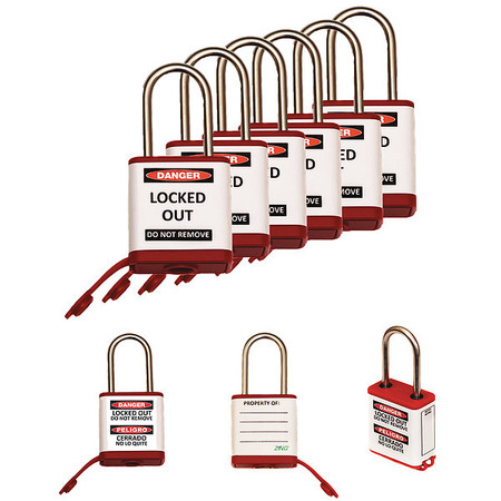 ZING Lockout Padlock, 1-1/2" H Shackle, PK6 800KA6-RED