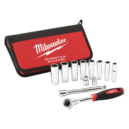 MILWAUKEE TOOL 3/8 in Drive Socket Wrench Set Metric 12 Pieces 10 mm to 19 mm , Chrome 48-22-9001