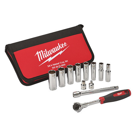 MILWAUKEE TOOL 3/8 in Drive Socket Wrench Set SAE 12 Pieces 5/16 in to 3/4 in , Chrome 48-22-9000