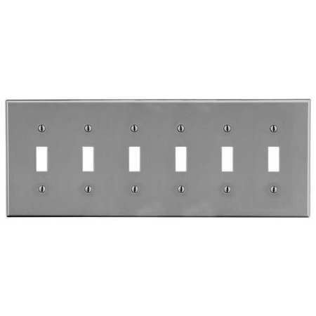 HUBBELL Toggle Switch Wall Plate, Number of Gangs: 6 Plastic, Smooth Finish, Gray P6GY