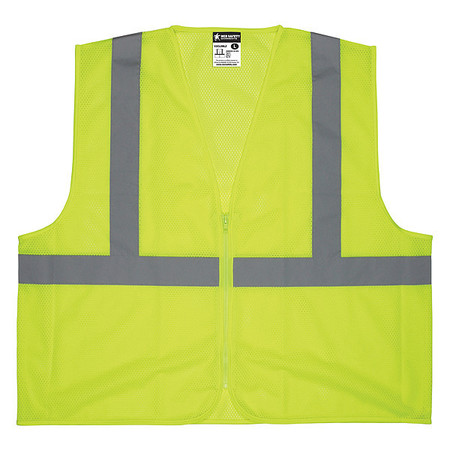 MCR SAFETY High Visibility Vest, Polyester, Zipper Closure, ANSI Class 2, U Back Stripe, Lime, Unisex, L V2CL2MLZL