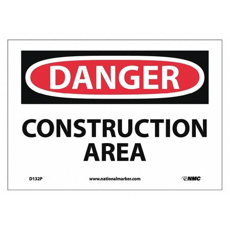 Nmc Danger Construction Area Sign, 7 in Height, 10 in Width, Pressure Sensitive Vinyl D132P