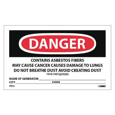NMC Danger Contains Asbestos Fibers Hazard Warning Label PRD92