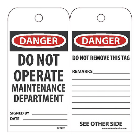 NMC Danger Do Not Operate Maintenance Department Tag, Pk25 RPT2ST