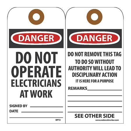 NMC Danger Do Not Operate Electricians At Work Tag, Pk25 RPT3G