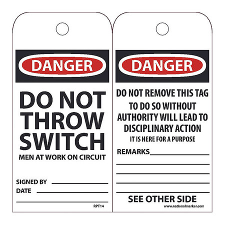 NMC Danger Do Not Throw Switch Men At Work On Circuit Tag, Pk25 RPT14