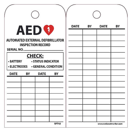 NMC AED Automated External Defibrillator Inspection Record Tag, Pk25 RPT43