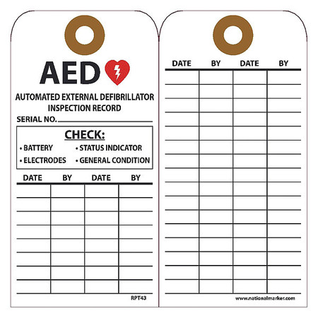 NMC AED Automated External Defibrillator Inspection Record Tag, Pk25 RPT43G