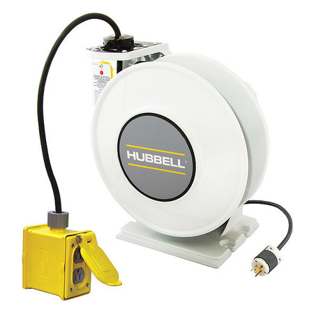 HUBBELL WIRING DEVICE-KELLEMS White Industrial Reel with Yellow Portable Outlet Box and (2) 20A Duplex Receptacles, UL Type 1, 45 Ft, #12/3 SJO, 20 A, 125 VAC HBLI45123R220