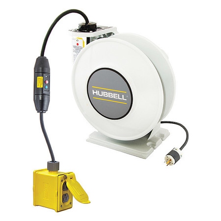 HUBBELL WIRING DEVICE-KELLEMS White Industrial Reel with Yellow Portable Outlet Box, GFCI Module and (2) 20A Duplex Receptacles, UL Type 1, 45 Ft, #12/3 SJO, 20 A, 125 VAC HBLI45123GF220