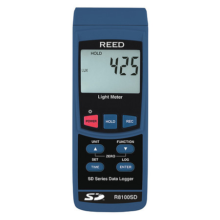 REED INSTRUMENTS Real-time data logger with integrated memory card measures ambient light levels in Foot Candles/Lux R8100SD
