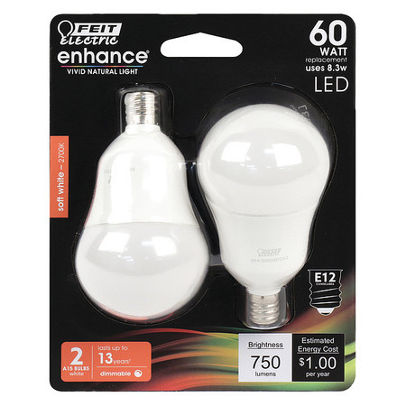 FEIT ELECTRIC LED, 8.3 W, A15, Candelabra Screw (E12), PK2 BPA1560C/927CA/2
