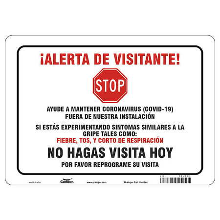 CONDOR Covid 19 Sign 10X14, Spanish Visitor Ale, 10 in Height, 14 in Width, Aluminum, Spanish HWB734A1014