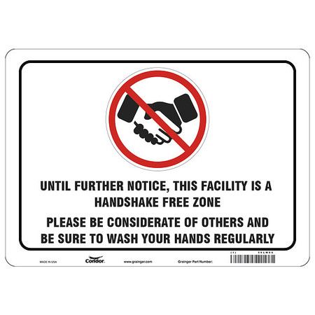 CONDOR Handshake Free Zone Sign, 14" W x 10" H, English, Aluminum, White HWB736A1014