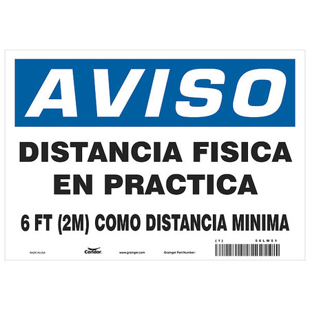 CONDOR Covid 19 Sign 7X10, Spanish Notice Physi, 7 in Height, 10 in Width, Polyester, Spanish HWN824T0710