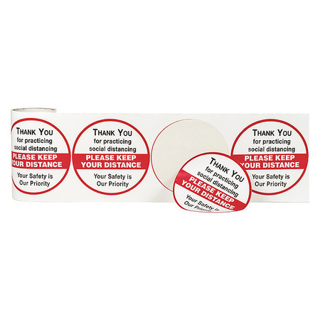 ZORO SELECT Keep Your Distance Stickers, 6" W x 6" H, English, Vinyl, Red, White ZMC650WT