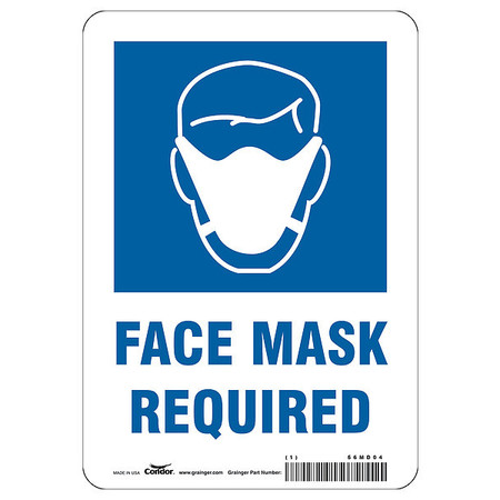 Condor Face Mask Required Sign, 7" W x 10" H, English, Plastic, White HWB410A1007