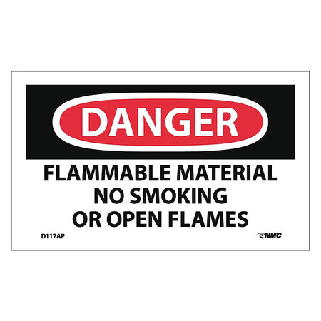 Nmc Danger Flammable Material No Smoking Or Open Flames Label, Pk5, D117AP D117AP