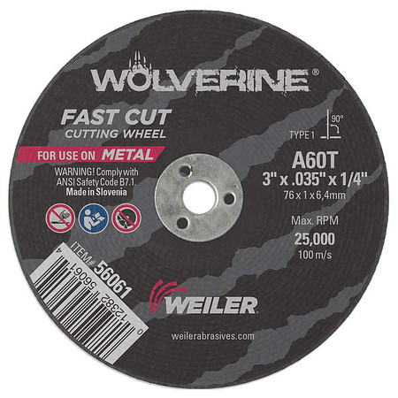 Weiler 3"x.035" Wolverine Type 1 Cut-Off Wheel A60T 1/4" A.H. 56061