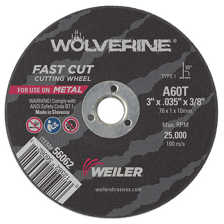 Weiler 3"x.035" Wolverine Type 1 Cut-Off Wheel A60T 3/8" A.H. 56062