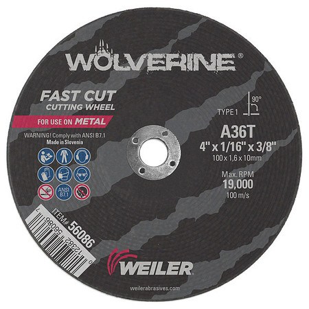 Weiler 4"x1/16" Wolverine Type 1 Cut-Off Wheel A36T 3/8" A.H. 56086