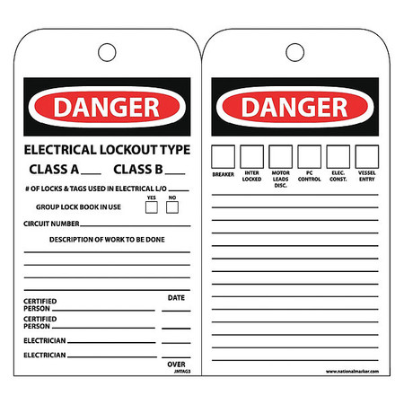 NMC Danger Electrical Lockout Type Class A & Class B Tag, Pk10 JMTAG3